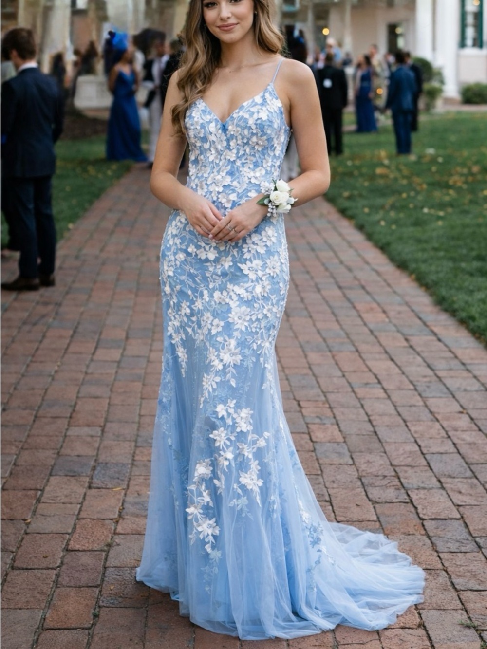 Blue Floral Appliqué Mermaid Prom Gown Size 12 Corset Back Formal Dress NWT